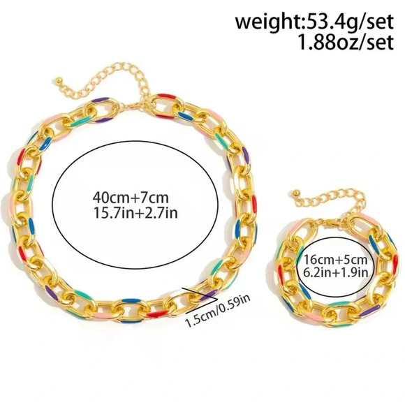 Modern Color Block Chain Jewelry Set – Gold Link Necklace and Bracelet - Picture 6 of 16